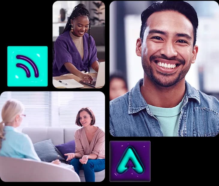 Colagem com atendimento por telefone, sessão de terapia e colaborador sorrindo
